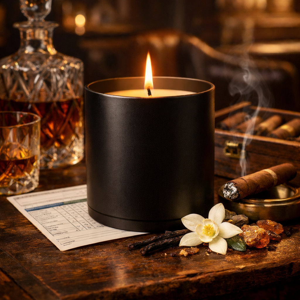 The 19th Candle luxury golf-inspired candle on wooden surface with 19th hole bar accessories