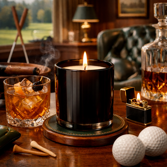 The 19th Candle luxury golf-inspired candle on wooden surface with golf accessories