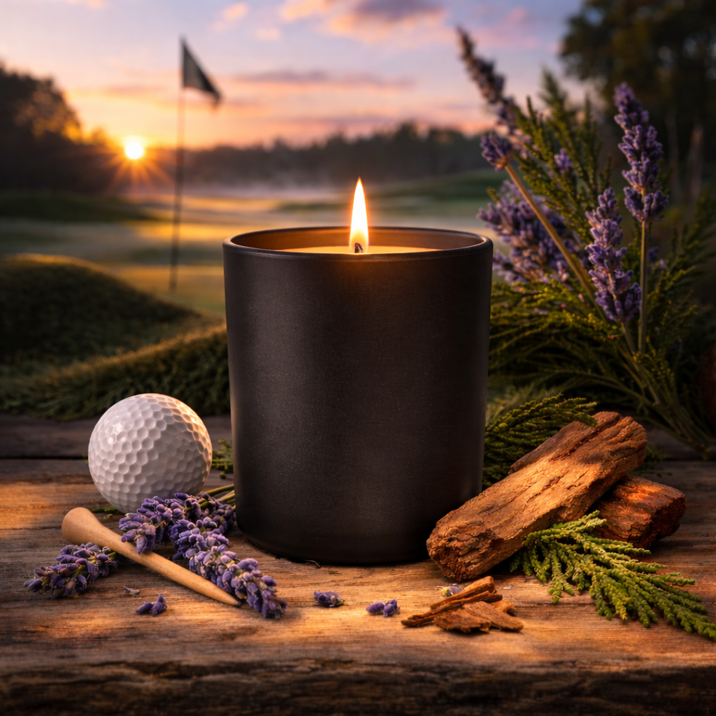 The 19th Candle luxury golf-inspired candle on wooden surface at golf course with golf accessories