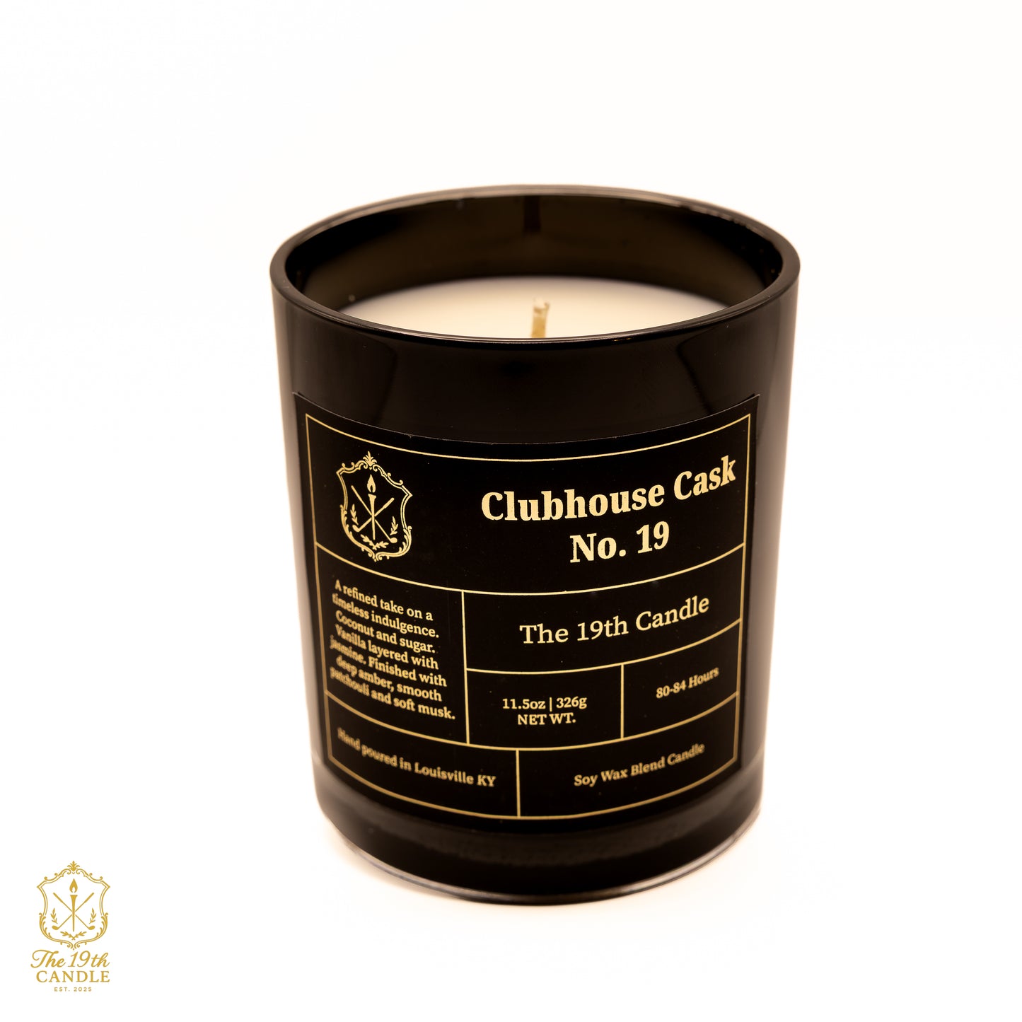 Clubhouse Cask No. 19 ambered vanilla luxury candle in 13.5 oz glass vessel — The 19th Candle