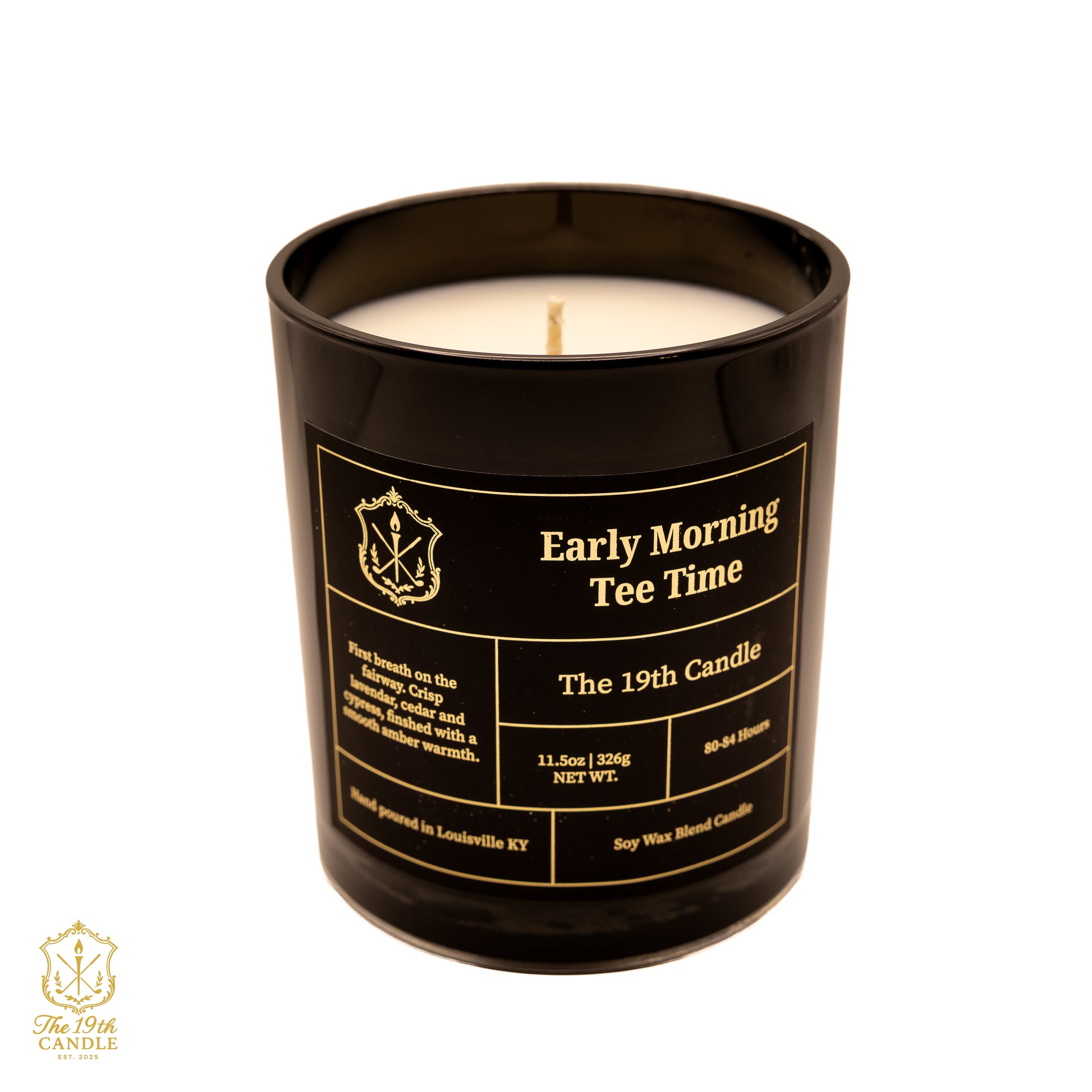 Early Morning Tee Time lavender driftwood luxury candle in 13.5 oz glass vessel — The 19th Candle
