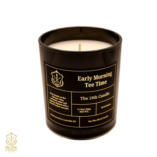 Early Morning Tee Time lavender driftwood luxury candle in 13.5 oz glass vessel — The 19th Candle